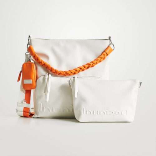 Bolso 2 en 1. Bolso en color blanco de la marca Desigual. Puedes hacerlo normal o bandolera, interior i asa en color naranja y lleva un bolso pequeño en el interior.